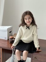 【90-150】ニットトップス 女の子 丸襟 ガーリー リボン付き