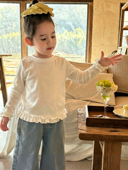 【90-150】長袖Ｔシャツ 女の子 フリル 無地 おしゃれ