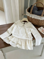 【90-150】長袖Tシャツ 女の子 折り襟 フリル 無地 - 画像 (3)