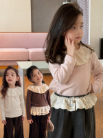 【90-150】長袖Tシャツ 女の子 レース ビッグカラー 合わせやすい