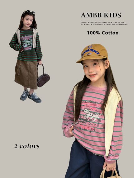 【100-170】長袖Ｔシャツ 女の子 ボーダー柄 グラフィティ ゆったり