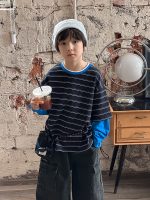 【90-170】長袖Tシャツ 男の子 ボーダー 切り替え コットン 韓国風 ストリート - 画像 (7)