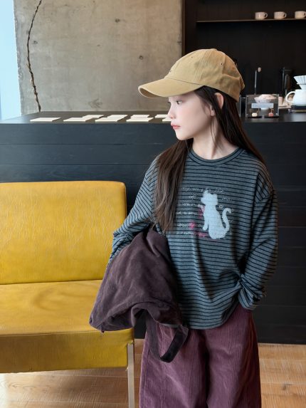 【100-170】長袖Ｔシャツ 女の子 ボーダー柄 ネコ プリント