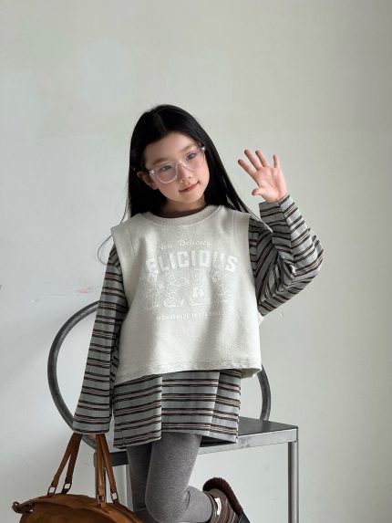 【100-150】ベストor長袖Tシャツ 女の子 ボーダー 韓国風 レイヤード カジュアル