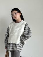 【100-150】ベストor長袖Tシャツ 女の子 ボーダー 韓国風 レイヤード カジュアル - 画像 (6)
