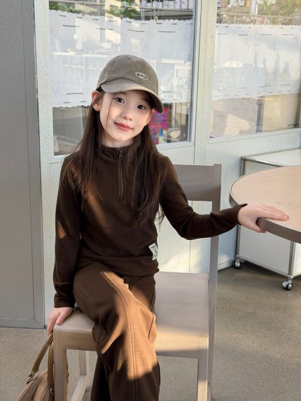 【100-170】トップスorパンツ 女の子 無地 ベルボトム ハーフジッパー