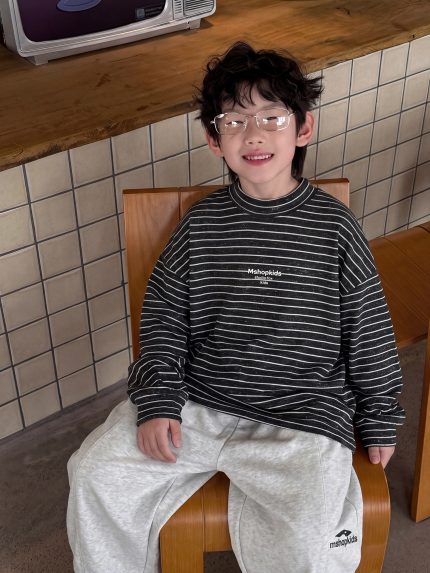 【90-160】Tシャツ ストライブ ラウンドネック 長袖  男の子