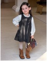 【80-140】ワンピース インナー 女の子 チェック柄 リボン付き ガーリー