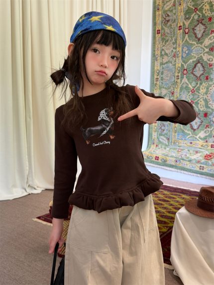 【100-160cm】長袖Tシャツ 女の子 韓国風 フリル付き 合わせやすい