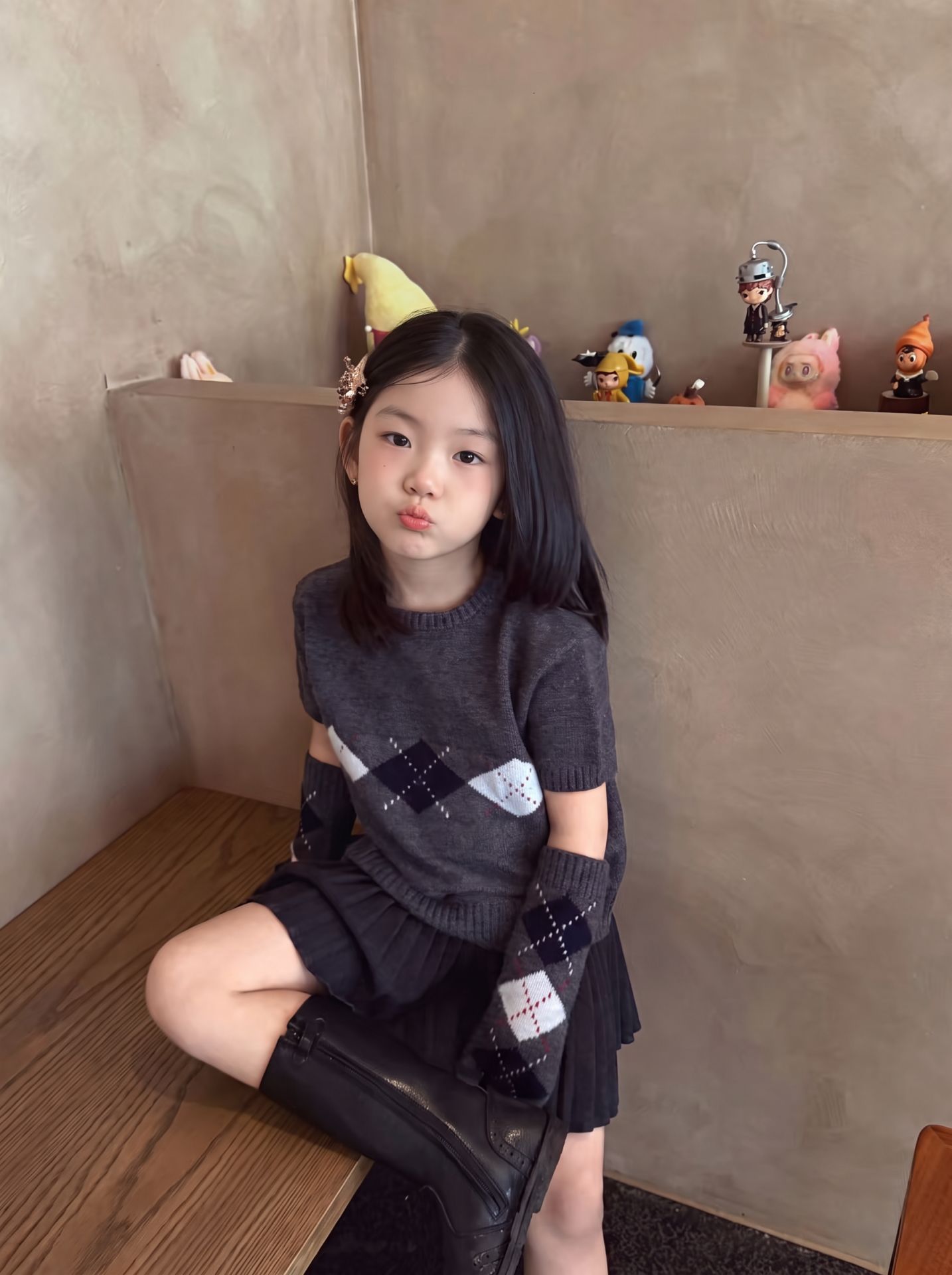 O1CN01NDljjmIXHBE2uWL4_2217733997874-0-cib.jpg 【90-150】ニットトップスorスカート 女の子 菱形柄 アームカバー 韓国風 プレッピー - 画像 (1)