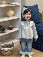 【73-110】二点セット ズボン トップス+サロペット ドット柄 デニム 女の子