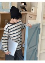 【100-160】長袖Tシャツ 男の子 カジュアル ボーダー柄 ゆったり - 画像 (15)