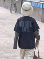 【100-170】長袖Tシャツ 男の子 ボーダー袖 レイヤード風 英字プリント - 画像 (2)