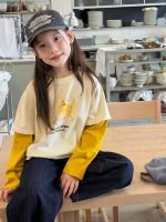 【100-170】長袖Tシャツ 女の子 レイヤード プリント トレンド - 画像 (2)