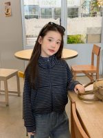 【100-170】アウター 女の子 ボーダー柄 スタンドカラー ファスナー - 画像 (3)