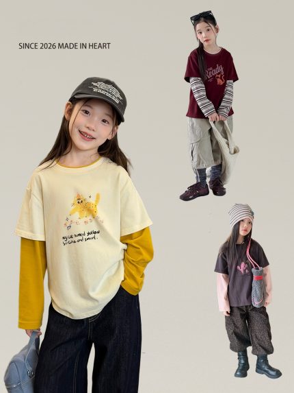 【100-170】長袖Ｔシャツ 女の子 レイヤード プリント トレンド