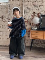 【90-170】長袖Tシャツ 男の子 ボーダー 切り替え コットン 韓国風 ストリート - 画像 (4)