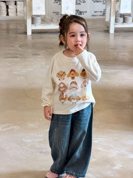 【80-140】長袖トップスorデニムパンツ 女の子 犬柄 キュート カジュアル