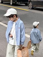 【90-170】長袖シャツ 男の子 ストライプ柄 刺繍入り 襟付き