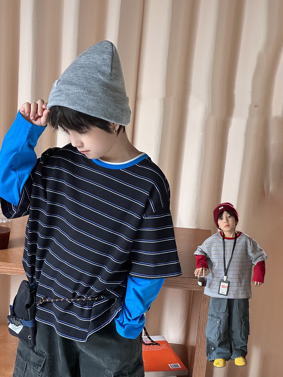 主图-01 (13) 【90-170】長袖Tシャツ 男の子 ボーダー 切り替え コットン 韓国風 ストリート - 画像 (1)