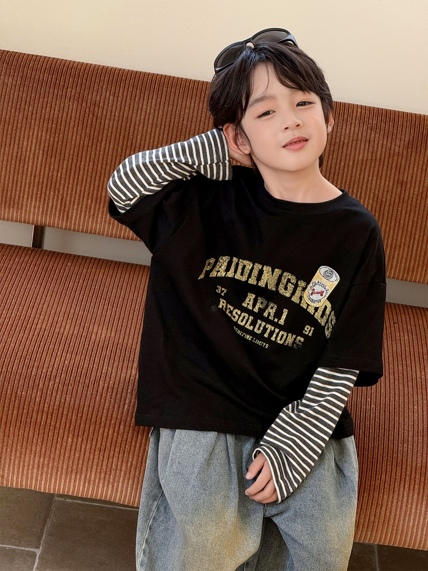 主图-01 (17) 【100-160】長袖Tシャツ 男の子 レイヤード風 トレンド クール - 画像 (1)
