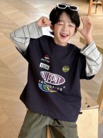 【100-160】長袖Tシャツ 男の子 英字プリント 重ね着風 切り替え