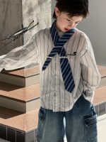 【100-150】長袖シャツ 男の子 配色ストライプ ネクタイデザイン - 画像 (6)