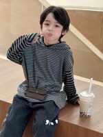 【100-160】長袖Tシャツ 男の子 フード付き ボーダー柄 シンプル - 画像 (3)