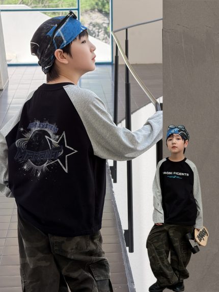 【100-170】長袖Tシャツ 男の子 配色 プリント コットン