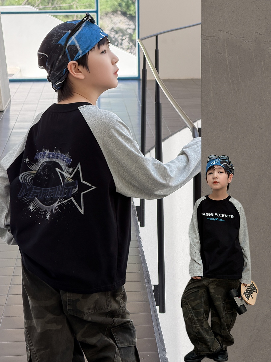 主图-01 (3) 【100-170】長袖Tシャツ 男の子 配色 プリント コットン - 画像 (1)