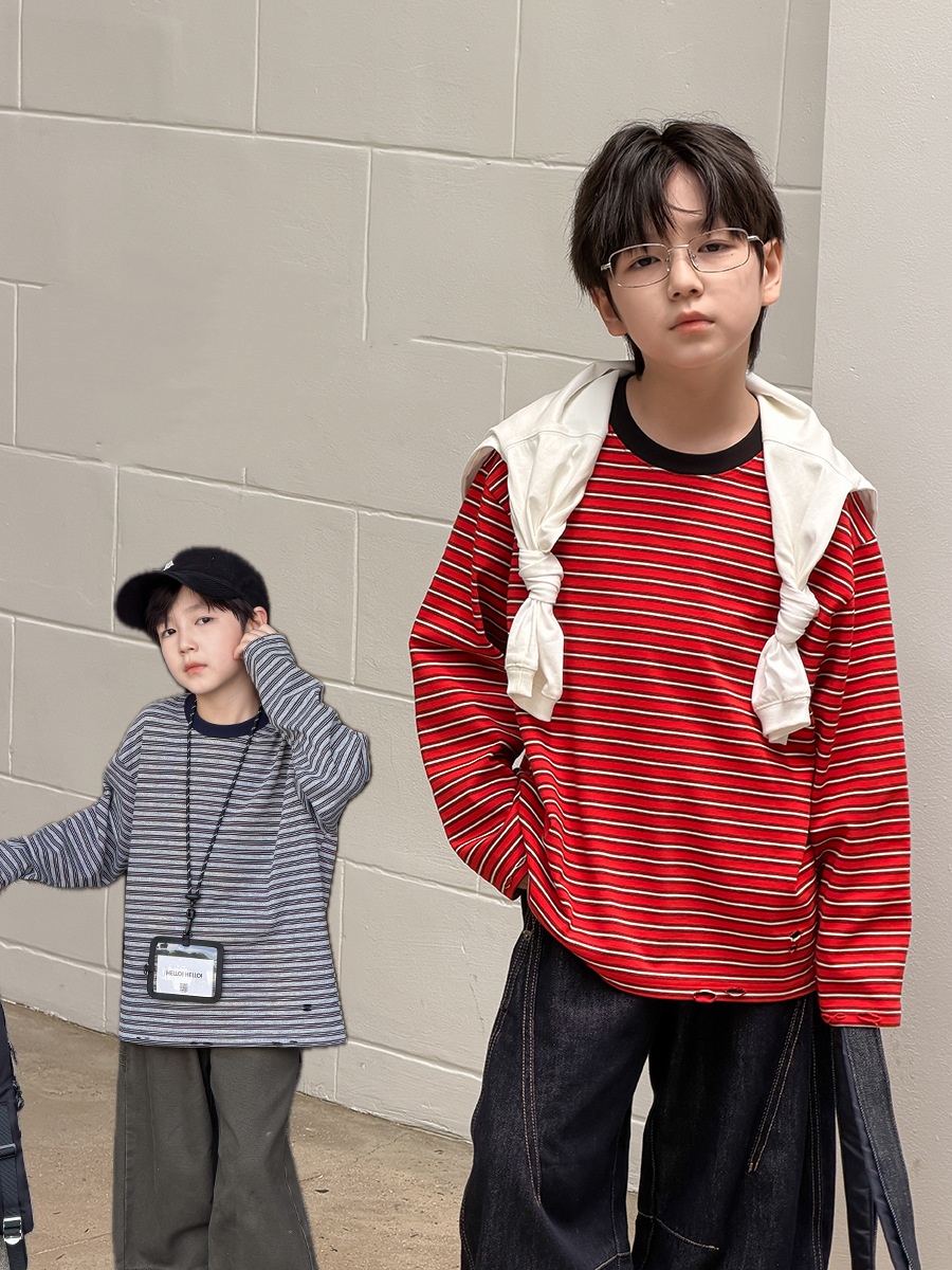 主图-01 (3) 【100-170】長袖Tシャツ 男の子 ボーダー柄 配色 カジュアル 着回しやすい - 画像 (1)