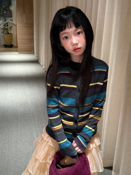 【100-160cm】カーディガン 女の子 ボーダー柄 レトロ 配色