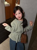 【100-160】長袖Tシャツ 女の子 ボーダー柄 リボン付き 韓国風 カジュアル - 画像 (3)