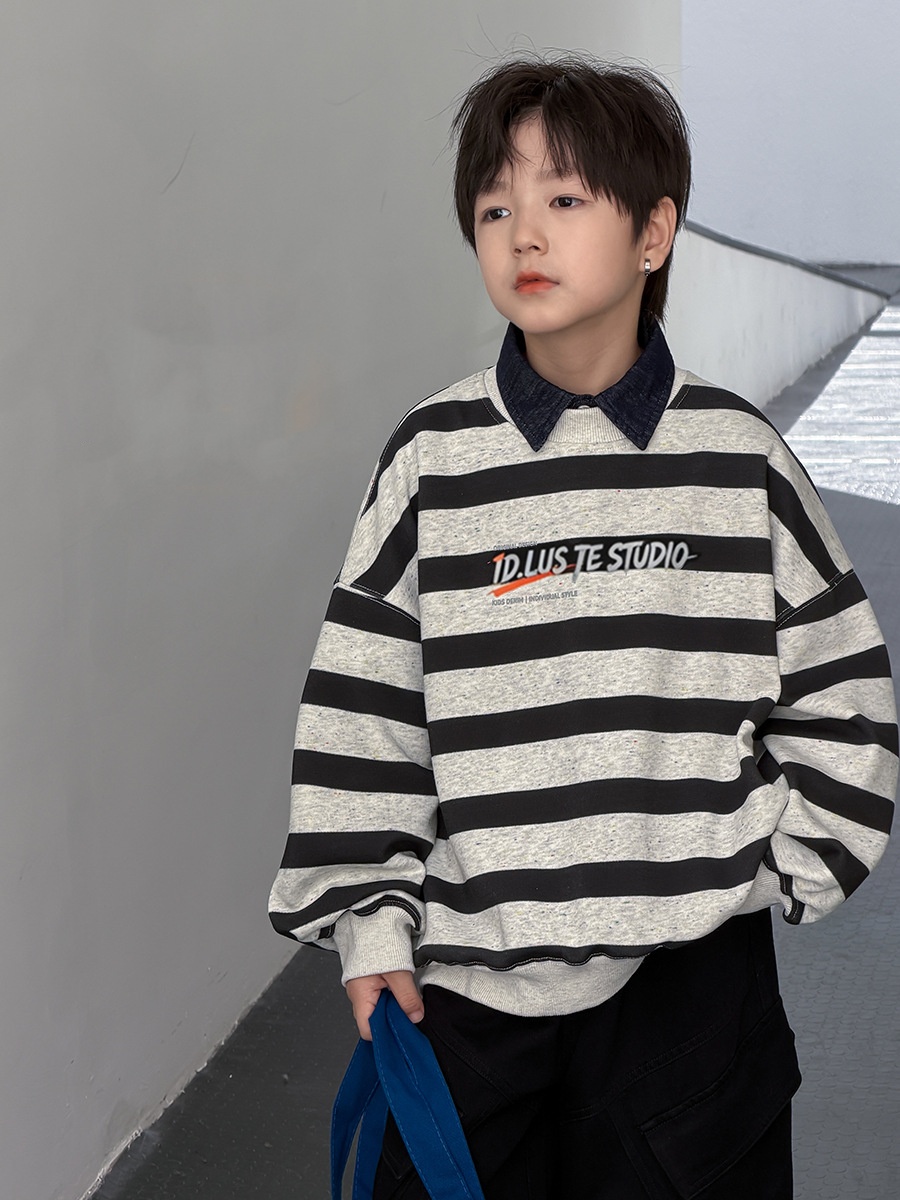 主图-01 (8) 【100-170】トレーナー 男の子 配色 ボーダー柄 ゆったり カジュアル - 画像 (1)