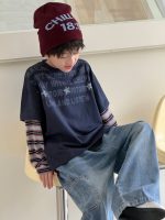 【100-160】長袖Tシャツ 男の子 カジュアル 切り替え 星柄 英字プリント