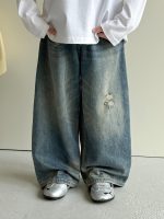 【100-160】デニムパンツ 男の子 レトロ ヴィンテージ加工 ワイドシルエット - 画像 (3)