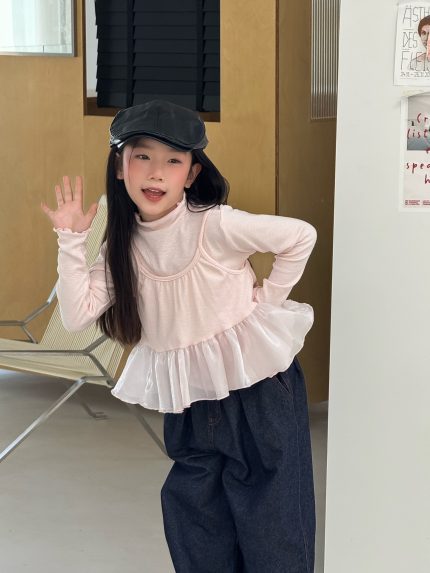 【100-150】長袖トップス 女の子 韓国風 こなれ感 レイヤード風
