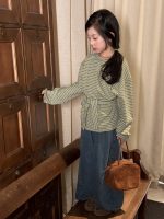 【100-160】長袖Tシャツ 女の子 ボーダー柄 リボン付き 韓国風 カジュアル - 画像 (4)
