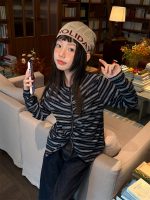 【100-160】長袖Tシャツ 女の子 韓国風 ボーダー柄 シャーリングデザイン - 画像 (3)