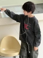 【100-160】長袖Tシャツ 男の子 レイヤード風 ウォッシュ加工 ゆったり - 画像 (5)