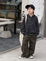 【100-170】長袖Tシャツ 男の子 フード付き ボーダー柄 カジュアル - 画像 (5)