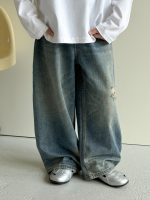 【100-160】デニムパンツ 男の子 レトロ ヴィンテージ加工 ワイドシルエット - 画像 (4)