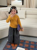 【100-160】長袖Tシャツ 女の子 フード付き ボーダー柄 トレンド - 画像 (3)