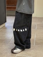 【100-160】デニムパンツ 男の子 韓国風 ウォッシュ加工 英字プリント - 画像 (5)