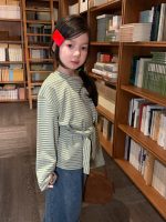 【100-160】長袖Tシャツ 女の子 ボーダー柄 リボン付き 韓国風 カジュアル - 画像 (5)