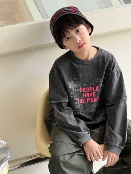 【100-160】長袖Tシャツ 男の子 レイヤード風 ウォッシュ加工 ゆったり