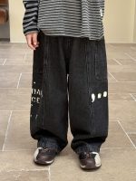【100-160】デニムパンツ 男の子 韓国風 ウォッシュ加工 英字プリント - 画像 (6)