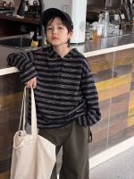 【100-170】長袖Tシャツ 男の子 フード付き ボーダー柄 カジュアル - 画像 (3)