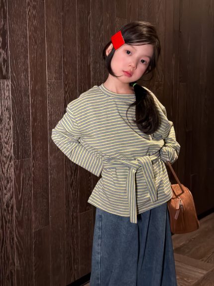【100-160】長袖Tシャツ 女の子 ボーダー柄 リボン付き 韓国風 カジュアル