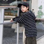 【100-170】長袖Tシャツ 男の子 フード付き ボーダー柄 カジュアル - 画像 (4)